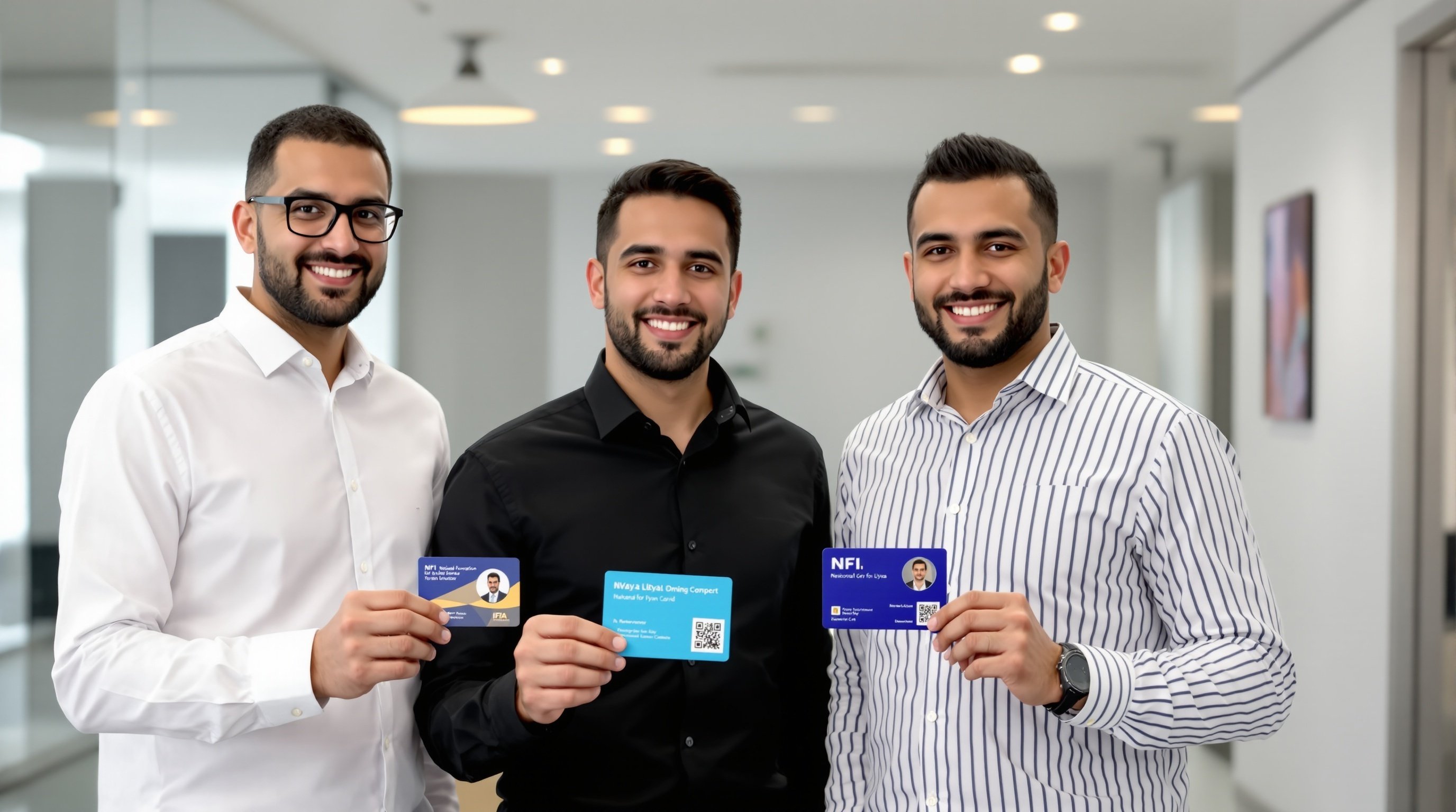 أعضاء المؤسسة يحملون بطاقات العضوية الأربعة